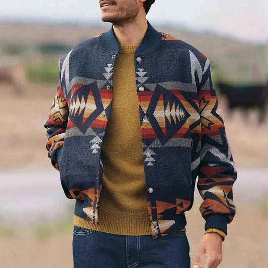 Men’s Geometric Pattern Stand Collar Cardigan Jacket – Casual Single-Breasted Lightweight Coat