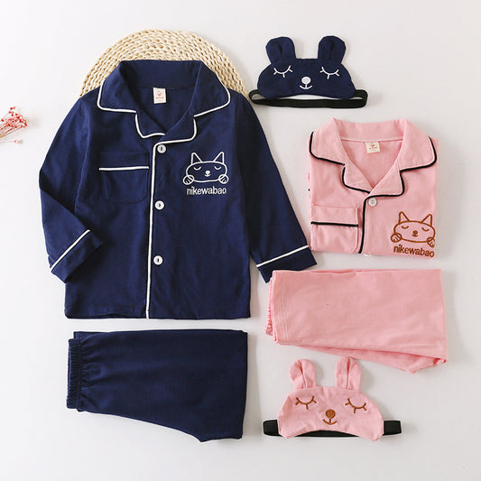 🧒👧 Spring & Autumn Kids Homewear Set – Eye Mask Long Sleeve Pajamas