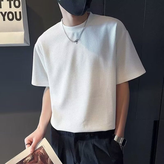 Men’s Waffle Knit Crew Neck T-Shirt – Casual Half Sleeve Pullover, Summer Solid Color