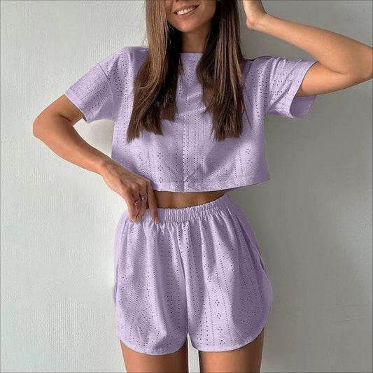 2-Piece Casual Hollow Crop Top & Slit Shorts Set – Summer Sporty Loungewear for Women