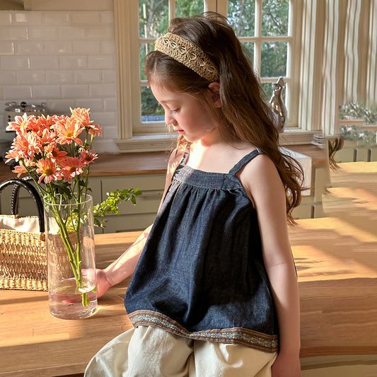 👧 New Retro Patchwork Jean Sun-top – Fashionable Sleeveless Vacation Style for Girls