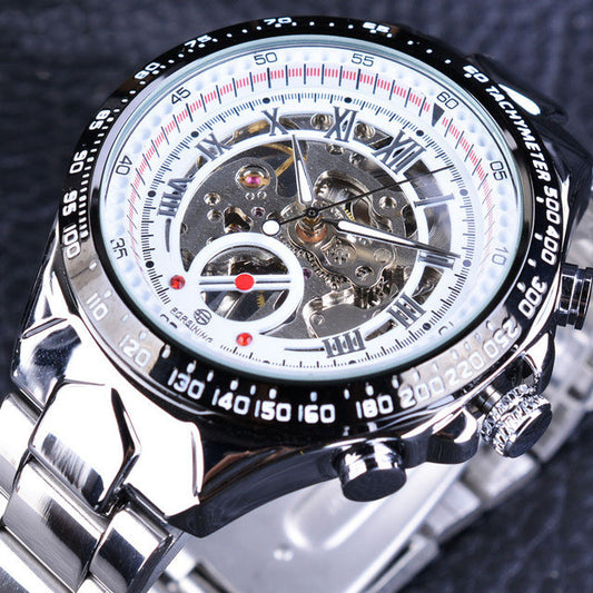 Men’s Waterproof Steel Band Mechanical Watch – 3ATM Alloy Case with Transparent Back